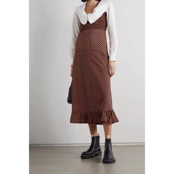 Ganni Cult Classic Smocked Dress - Ruffled Gingham Midi Dress - XS 34 - Picture 2 of 8